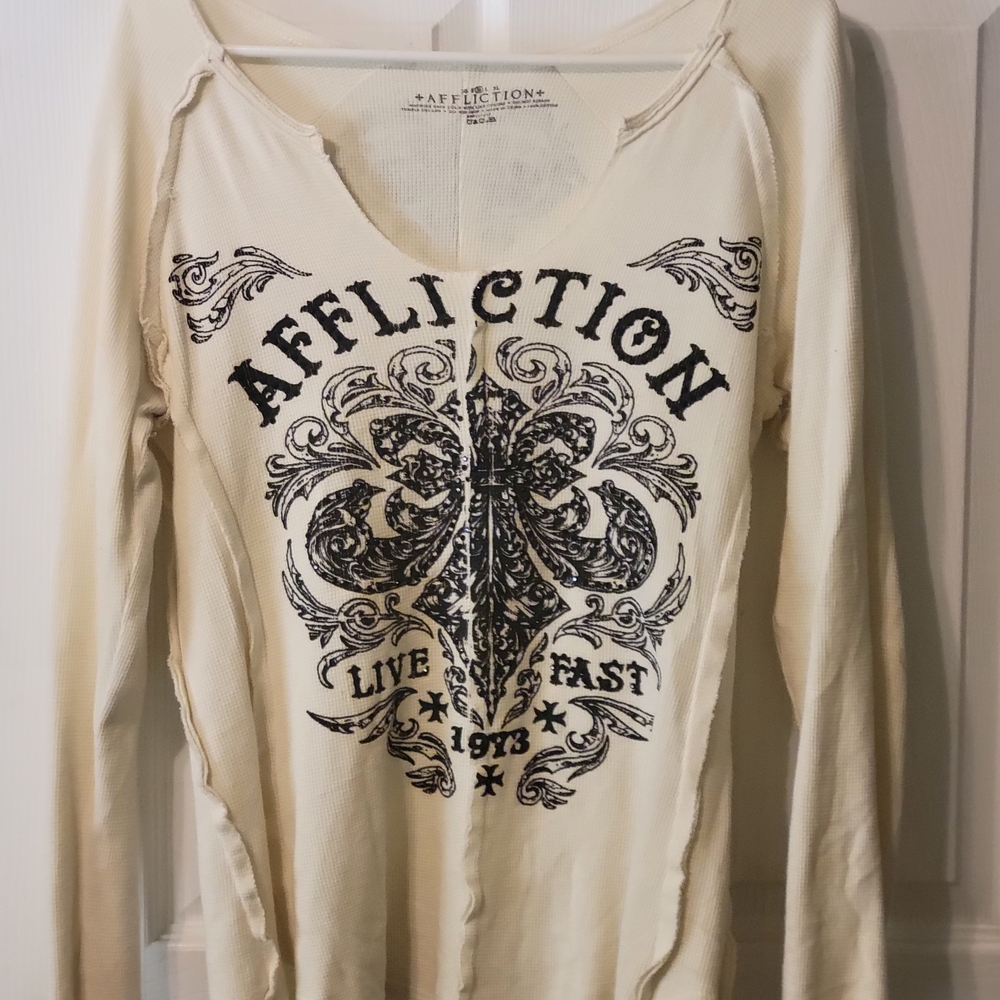 Affliction Cream Graphic Long Sleeve Blouse